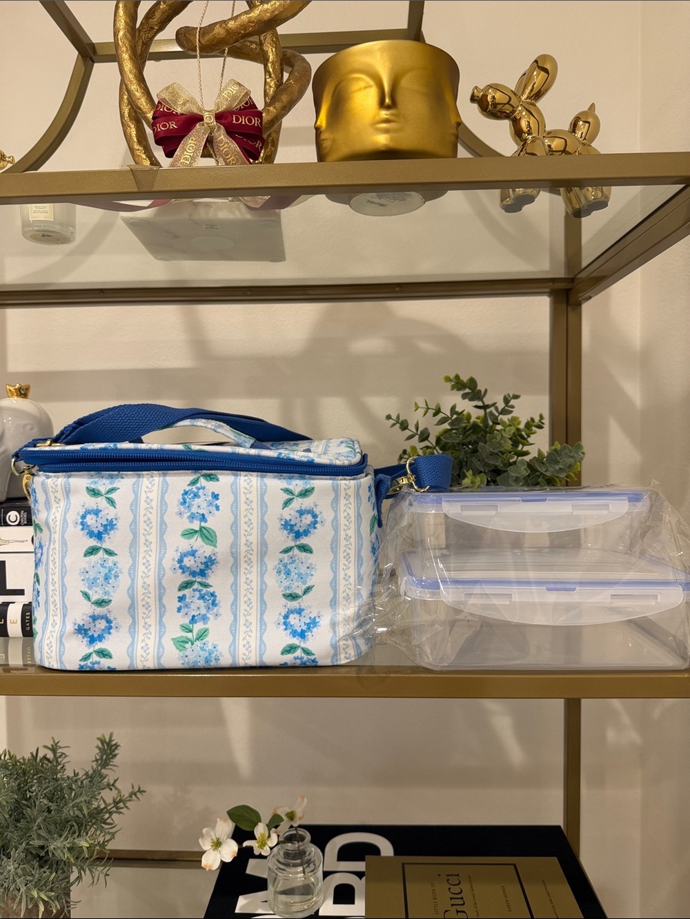 Insulated Floral Blue Lunch Bag with 2 Food Storage Containers